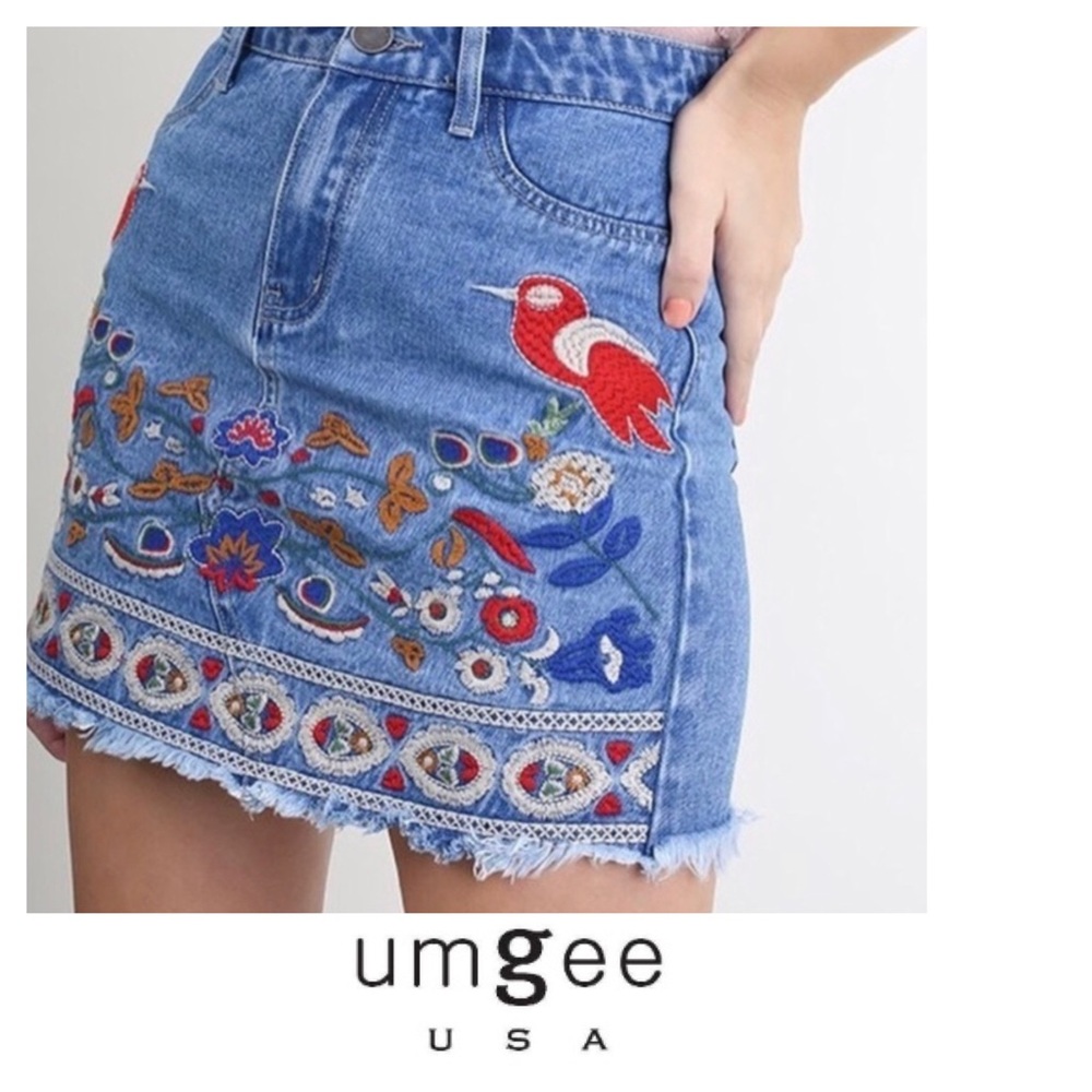 Umgee Embroidered Denim Skirt